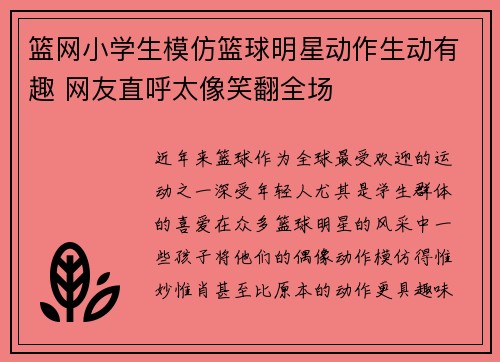 篮网小学生模仿篮球明星动作生动有趣 网友直呼太像笑翻全场