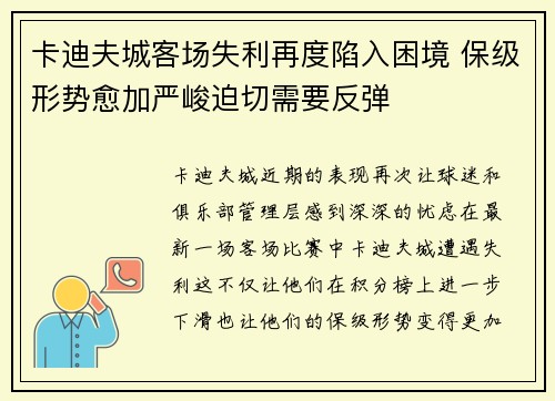 卡迪夫城客场失利再度陷入困境 保级形势愈加严峻迫切需要反弹