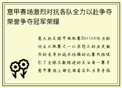 意甲赛场激烈对抗各队全力以赴争夺荣誉争夺冠军荣耀
