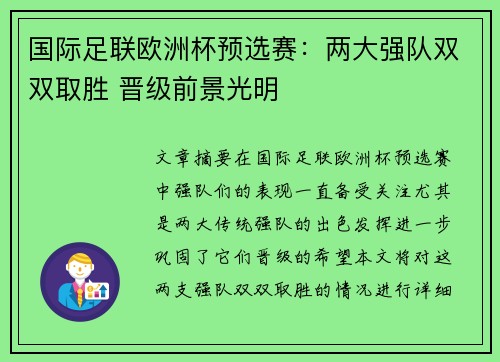国际足联欧洲杯预选赛：两大强队双双取胜 晋级前景光明
