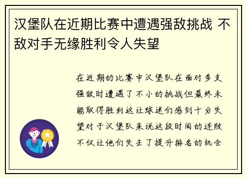 汉堡队在近期比赛中遭遇强敌挑战 不敌对手无缘胜利令人失望