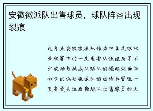 安徽徽派队出售球员，球队阵容出现裂痕