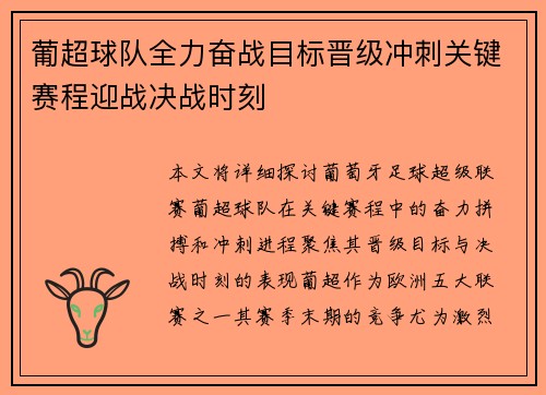 葡超球队全力奋战目标晋级冲刺关键赛程迎战决战时刻