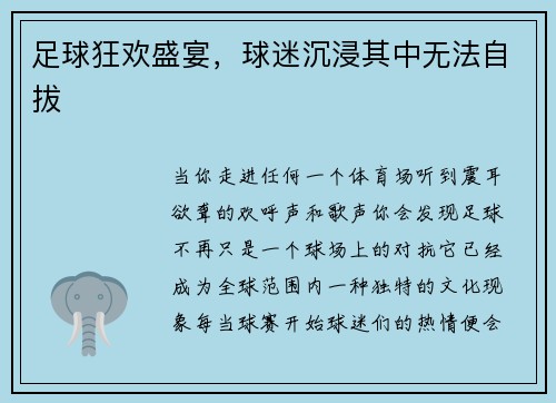 足球狂欢盛宴，球迷沉浸其中无法自拔