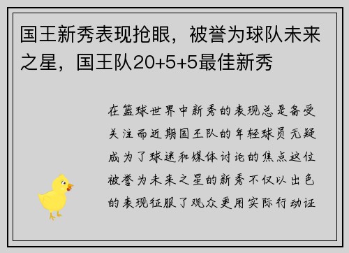 国王新秀表现抢眼，被誉为球队未来之星，国王队20+5+5最佳新秀