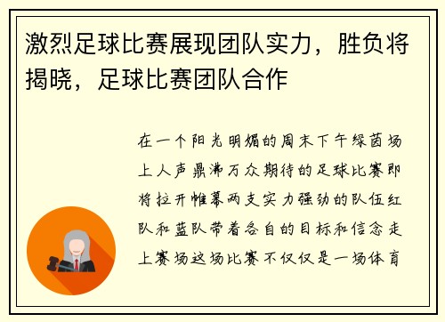 激烈足球比赛展现团队实力，胜负将揭晓，足球比赛团队合作
