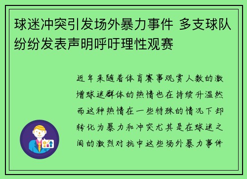 球迷冲突引发场外暴力事件 多支球队纷纷发表声明呼吁理性观赛